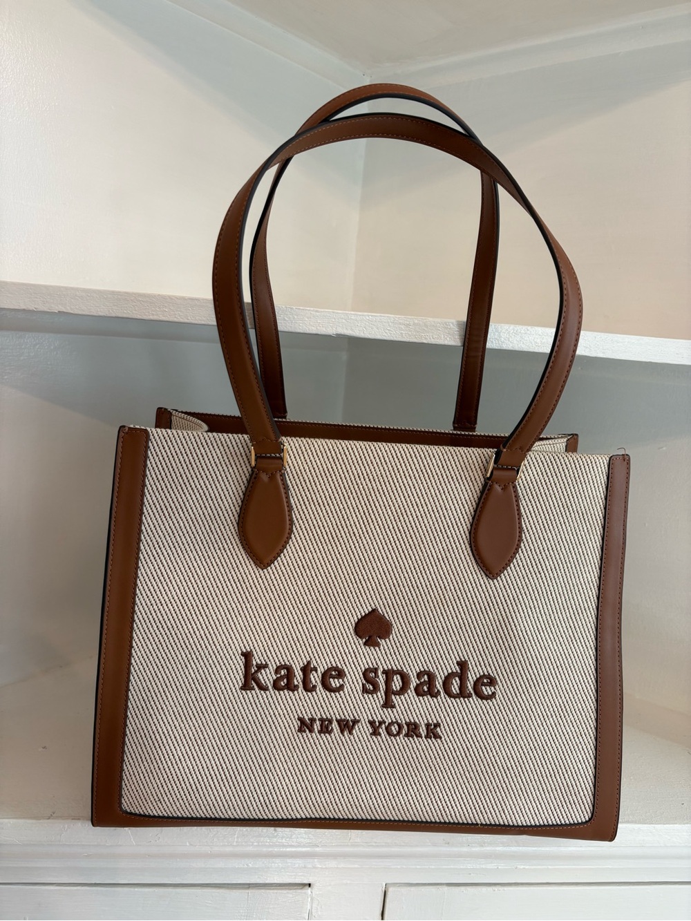 kate spade woven Cream Tote with Brown Leather Trim